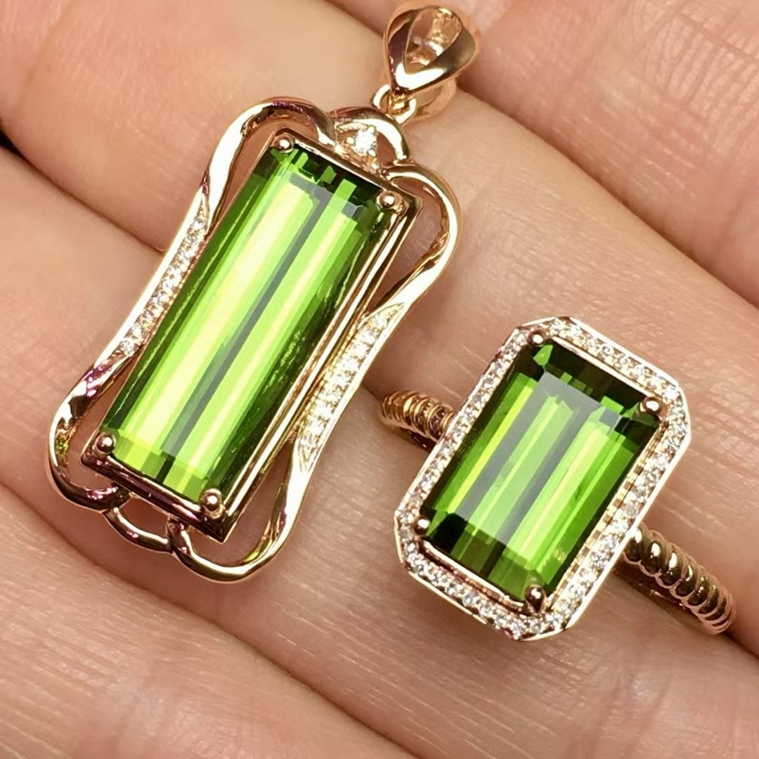 14k Gold 8.2 Ct Natural Tourmaline & Diamond Jewelry Set: Ref:230994177 // gold content:14k gold // ring size:7. 25us // // pendant(without chain) // main gemstone:tourmaline // shape:octagonal // carat weight:4. 6ct // color:green // treatment:natural // //