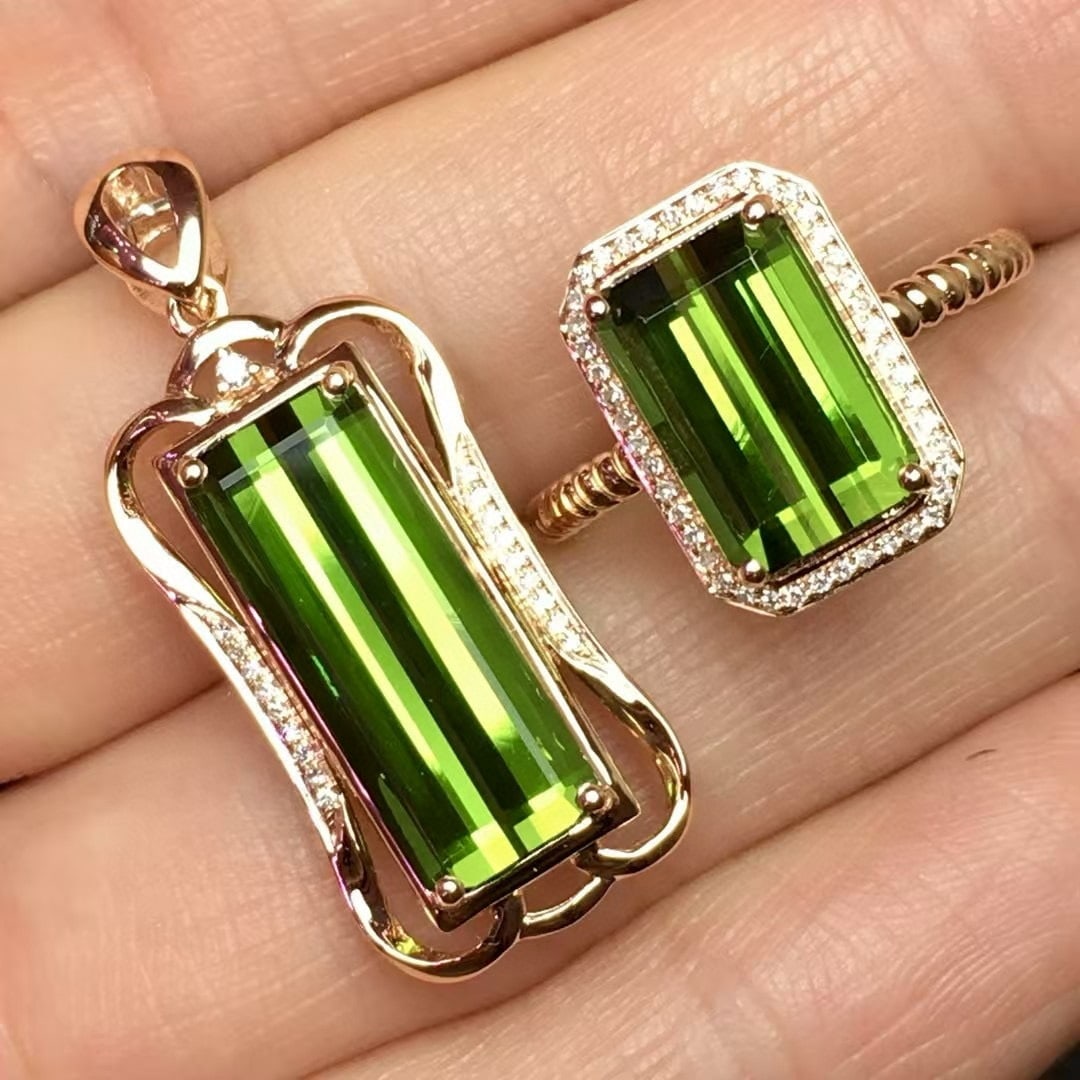 14k Gold 8.2 Ct Natural Tourmaline & Diamond Jewelry Set - 2