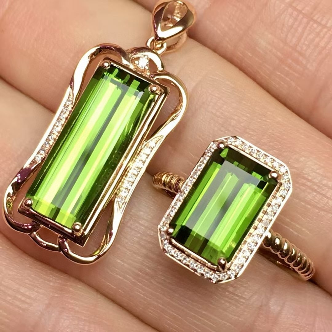 14k Gold 8.2 Ct Natural Tourmaline & Diamond Jewelry Set - 3