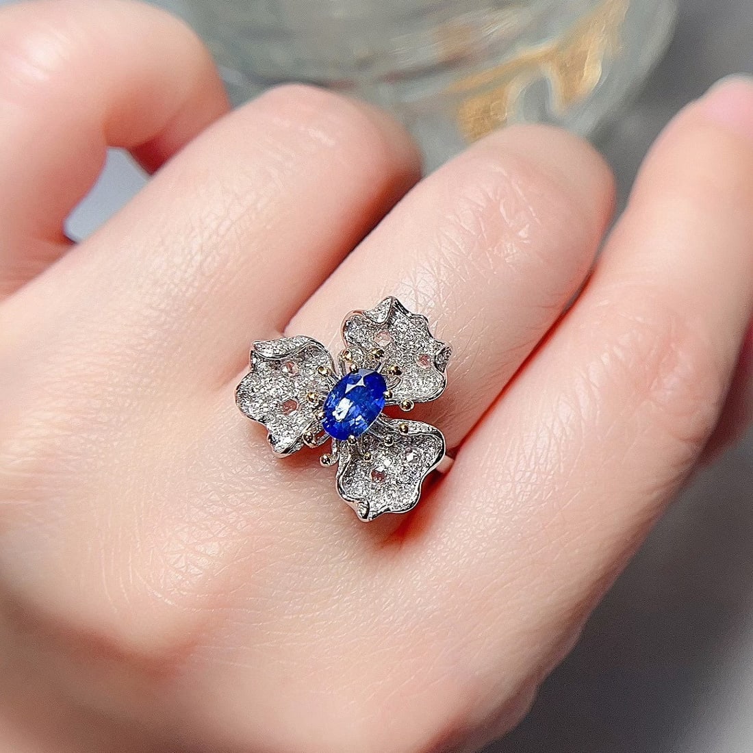 14k Gold 0.7 Ct Natural Sapphire & Diamond & Sapphire Ring - 5
