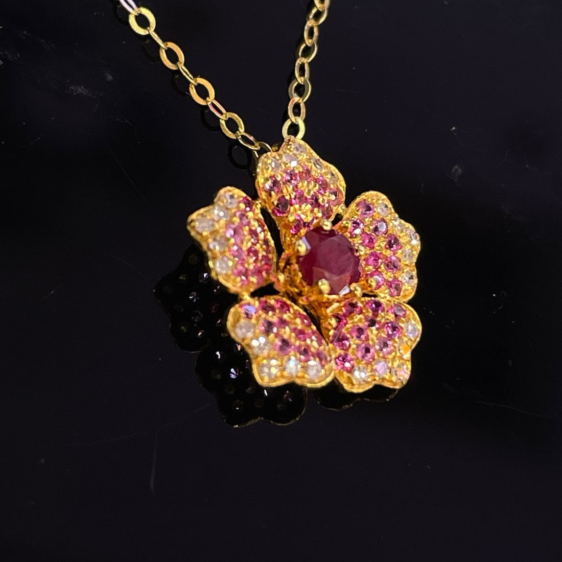 14k Gold 0.30 Ct Natural Ruby & Diamond & Sapphire Necklace - 2