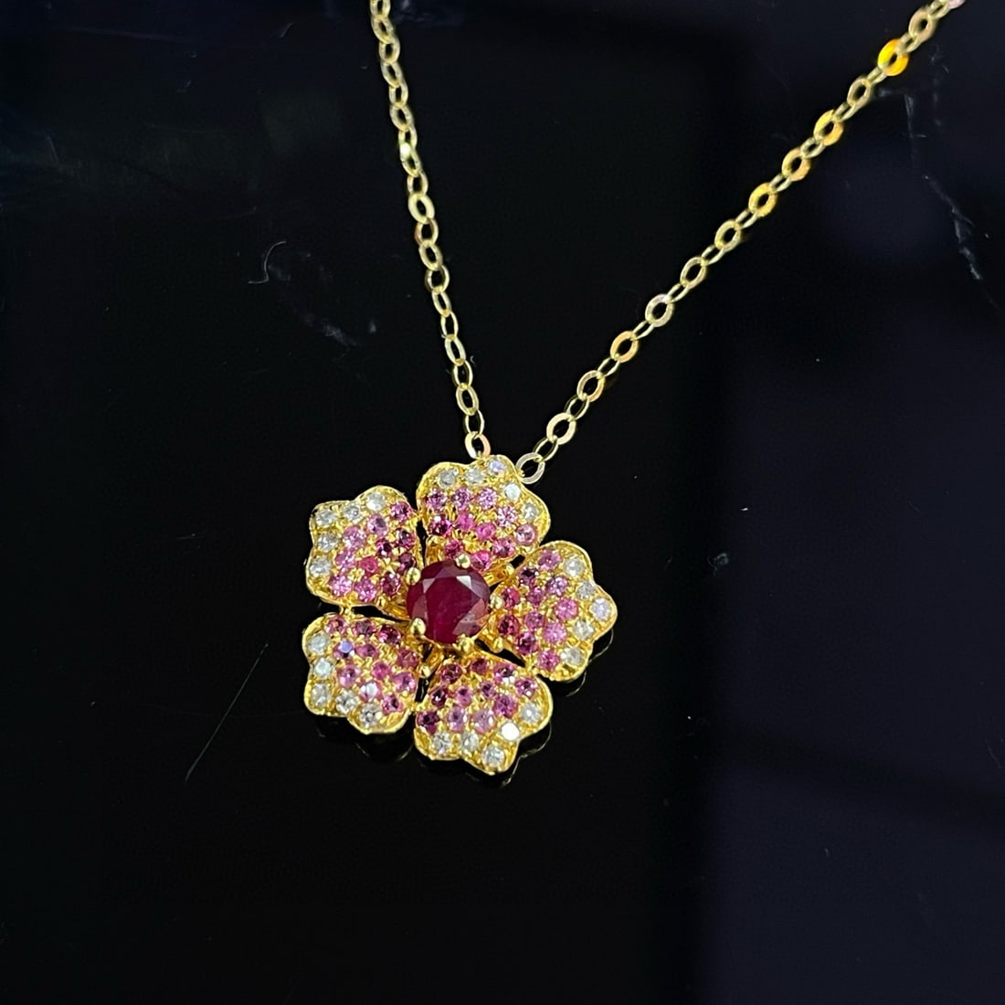 14k Gold 0.30 Ct Natural Ruby & Diamond & Sapphire Necklace - 4
