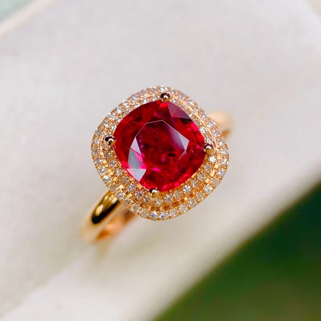 14k Gold 1.87 Ctw Natural Tourmaline & Diamond Ring: Ref:230994203 // gold content:14k gold // ring size:7. 25us // // main gemstone:tourmaline // shape:cushion // carat weight:1. 66ct // color:red // treatment:natural // // adjacent gemstone 2 : diamon
