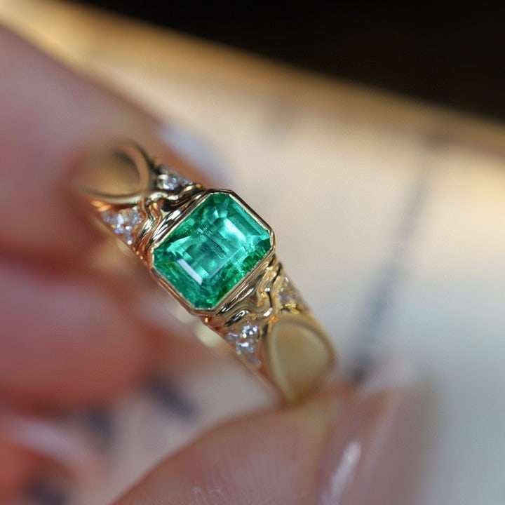 14k Gold 0.59 Ctw Natural Emerald & Diamond Ring - 2