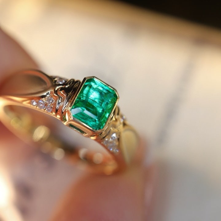 14k Gold 0.59 Ctw Natural Emerald & Diamond Ring - 4