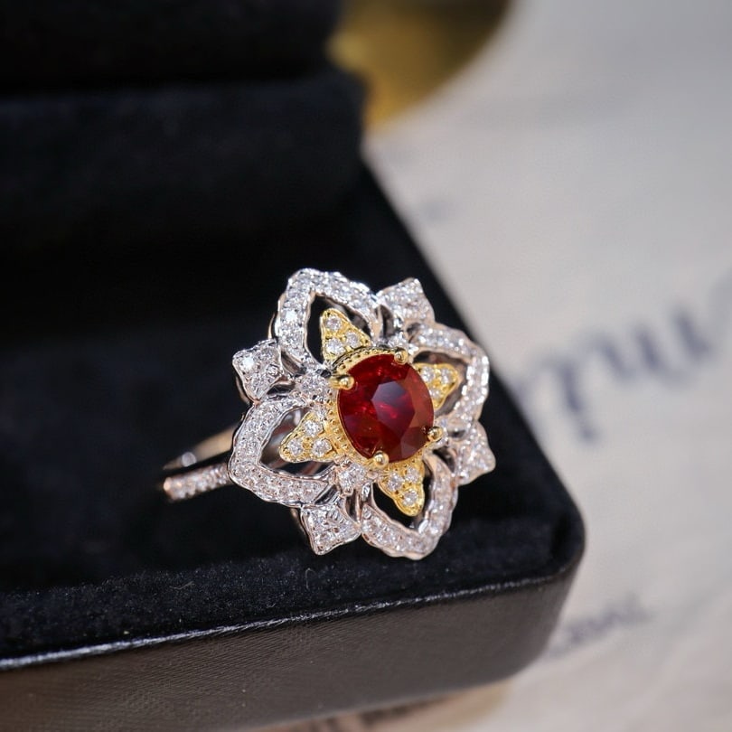 14k Gold 0.99 Ctw Natural Ruby & Diamond Ring: Ref:230994225 // gold content:14k gold // ring size:7. 25us // // main gemstone:ruby // shape:oval // carat weight:0. 69ct // color:pigeonblood red // treatment:natural // // adjacent gemstone 2 :