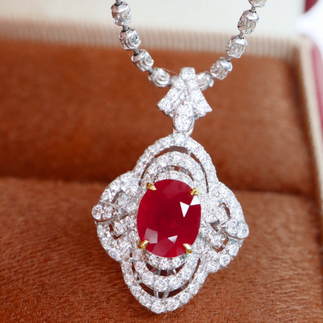 14k Gold 1.48 Ctw Natural Ruby & Diamond Pendant( Without Chain ): Ref:230994226 // gold content:14k gold // main gemstone:ruby // shape:oval // carat weight:1. 23ct // color:pigeonblood red // treatment:natural // // adjacent gemstone 2 : diamond // shape:round // c