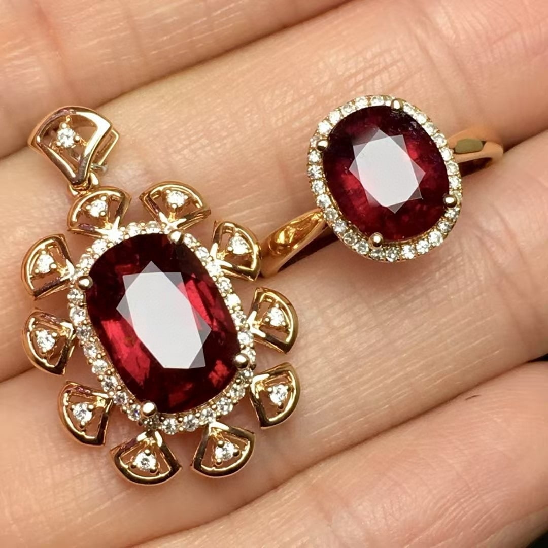 14k Gold 5.8 Ct Natural Tourmaline & Diamond Jewelry Set: Ref:230994245 // gold content:14k gold // ring size:7. 25us // // pendant(without chain) // main gemstone:tourmaline // shape:oval // carat weight:3. 7ct // color:red // treatment:natural // // adjace