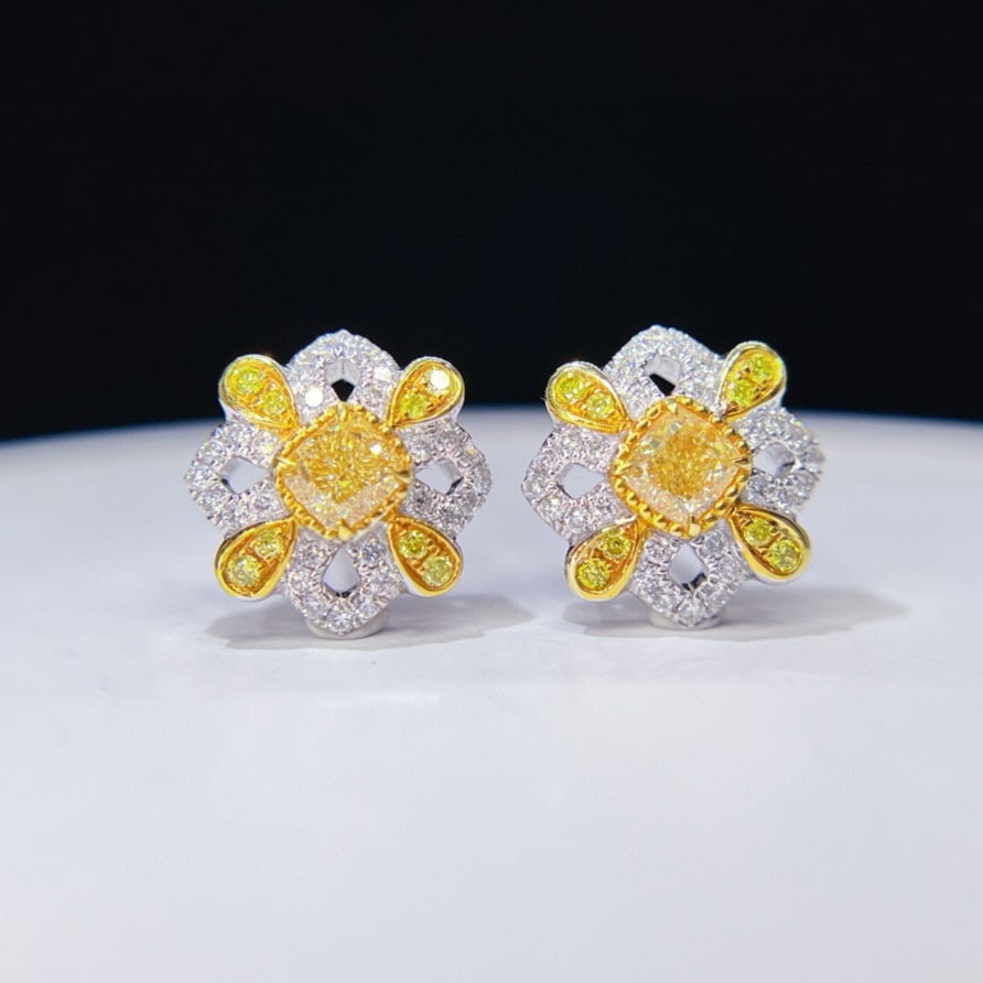 14k Gold 0.68 Ctw Natural Yellow Diamond & Diamond Earrings: Ref:230994257 // gold content:14k gold // main gemstone:yellow diamond // shape:cushion // carat weight:0. 46ct // color:yellow // treatment:natural // // adjacent gemstone 2 : diamond // shape:round