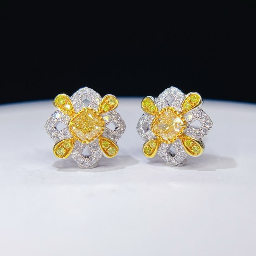 14k Gold 0.68 Ctw Natural Yellow Diamond & Diamond Earrings - 2