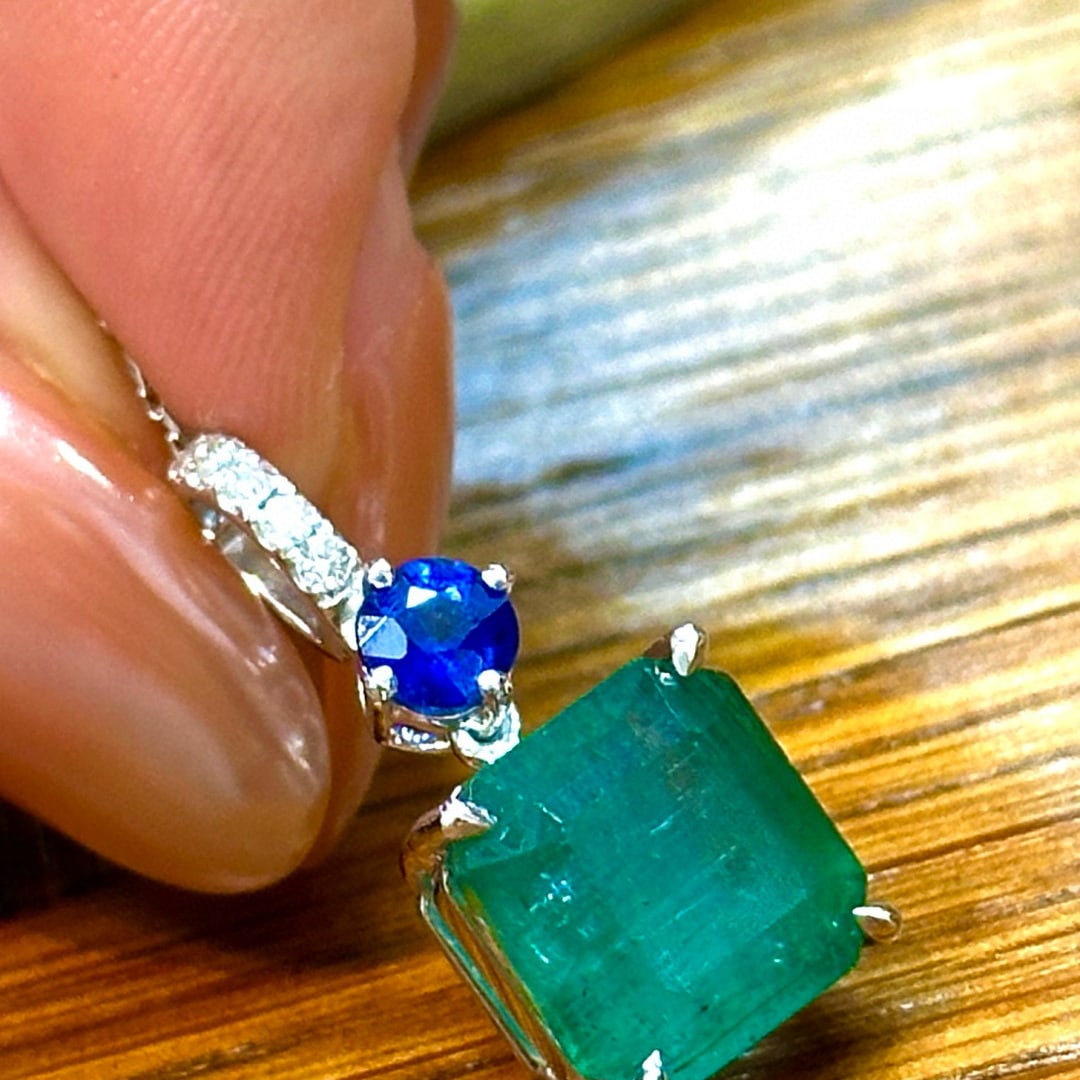 14k Gold 5.91 Ctw Natural Emerald & Sapphire Pendant( Without Chain ) - 5