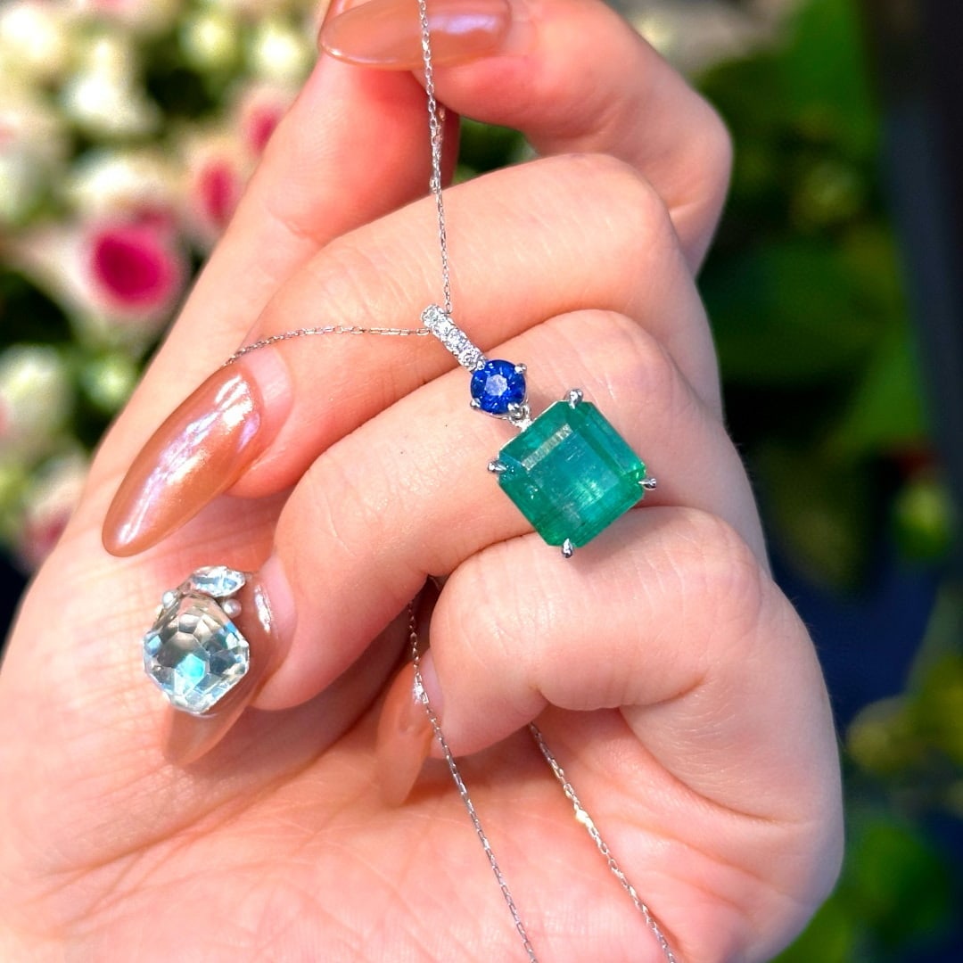 14k Gold 5.91 Ctw Natural Emerald & Sapphire Pendant( Without Chain ) - 6