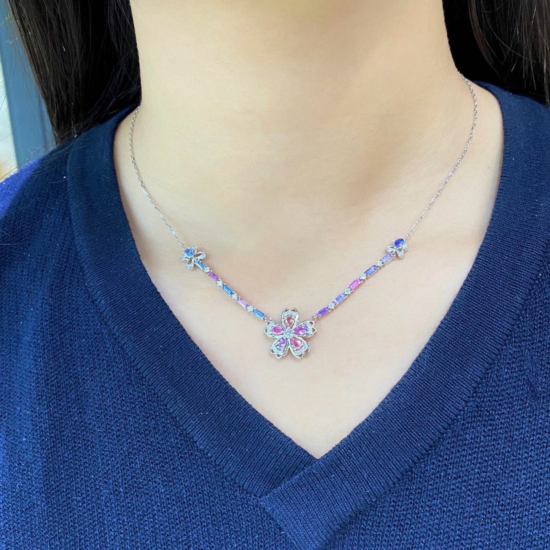 14k Gold 3.04 Ctw Natural Sapphire & Diamond Necklace - 2