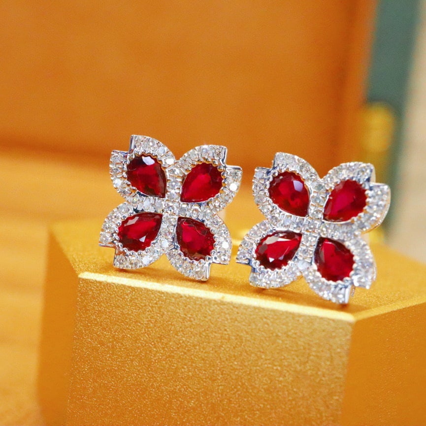 14k Gold 1.62 Ctw Natural Ruby & Diamond Earrings - 3
