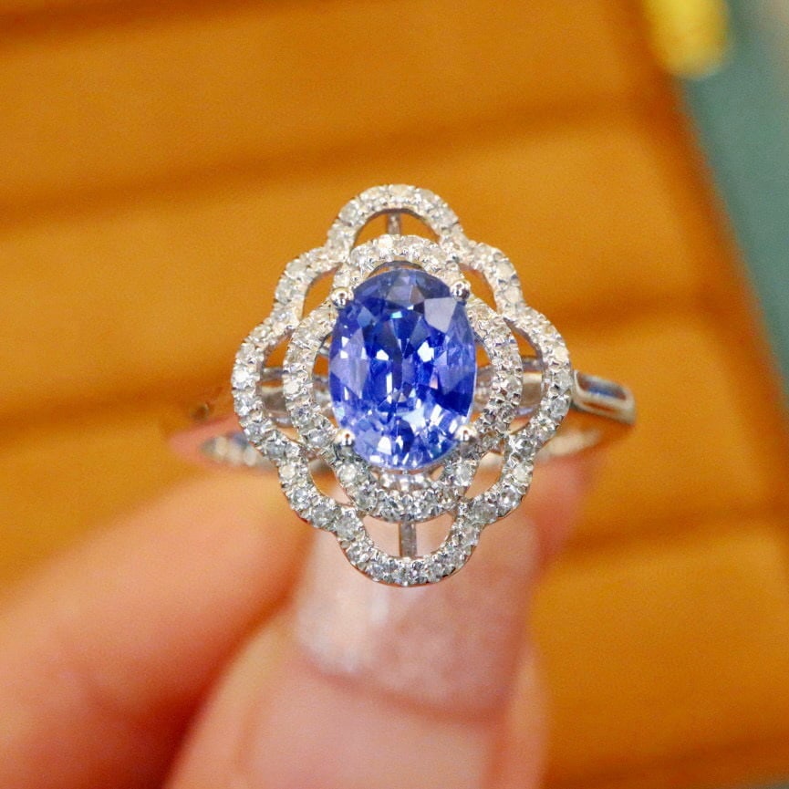 14k Gold 1.35 Ctw Natural Sapphire & Diamond Ring: Ref:230994273 // gold content:14k gold // ring size:7. 25us // // main gemstone:sapphire // shape:oval // carat weight:1. 16ct // color:cornflower blue // treatment:natural // // adjacent gemstone 2 :
