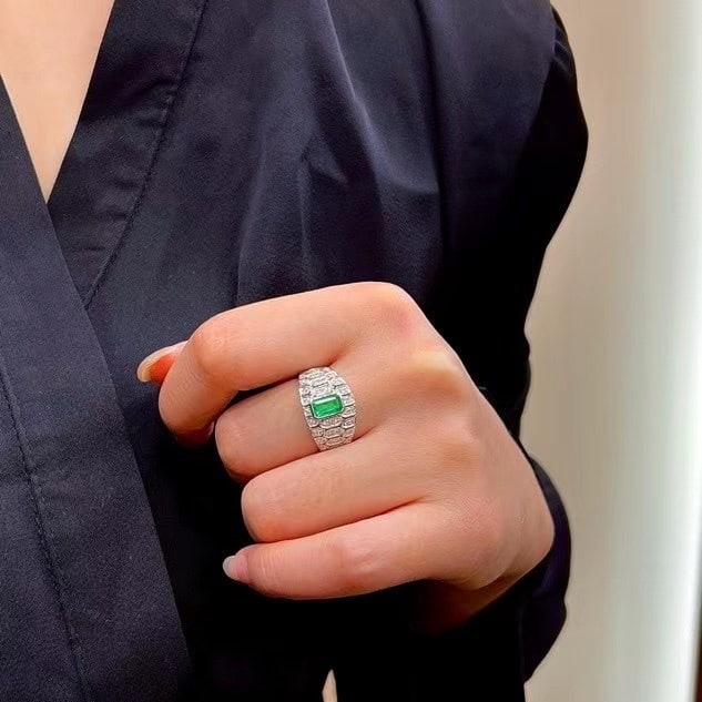 14k Gold 0.99 Ctw Vivid Green Natural Emerald & Diamond Ring - 6