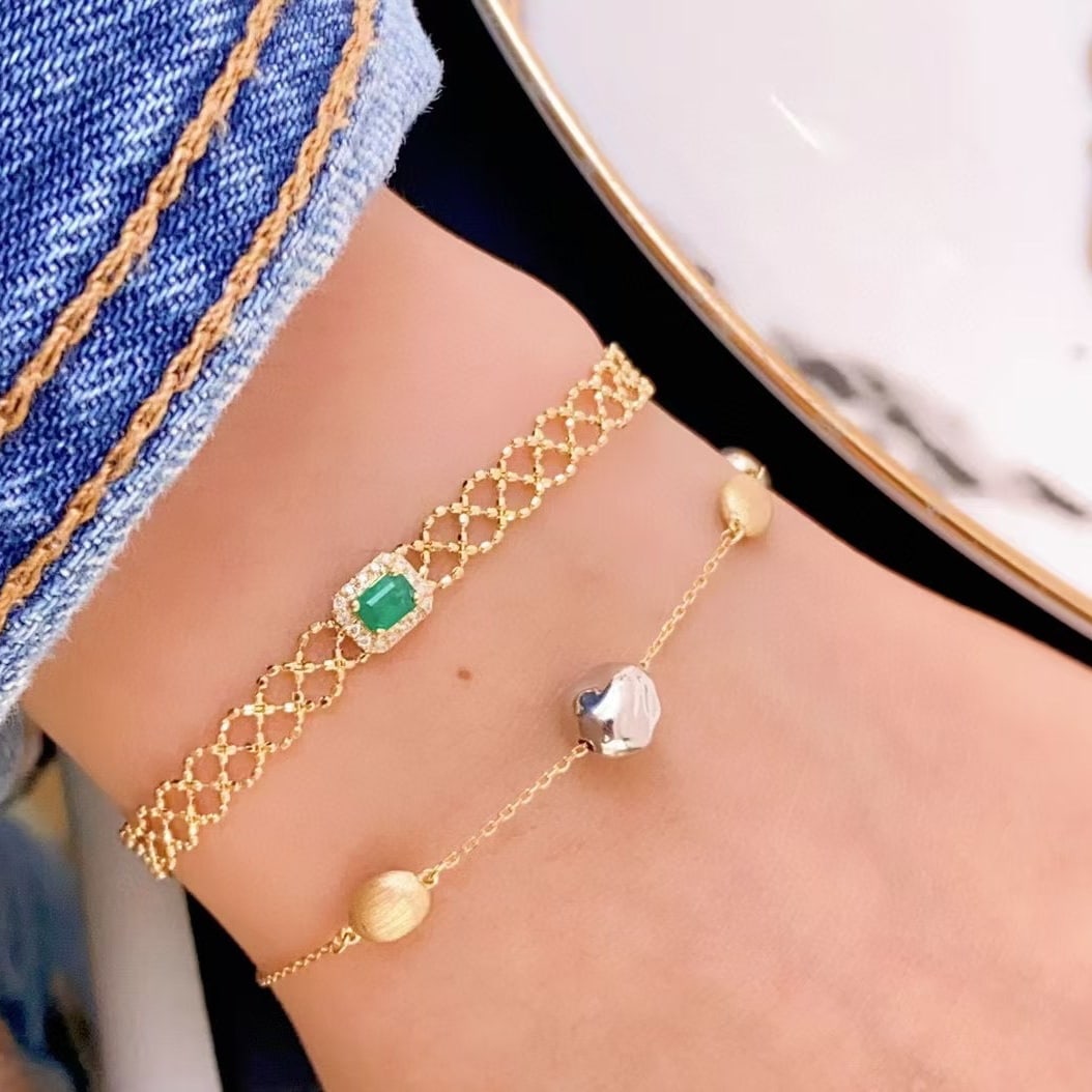 14k Gold 0.25 Ct Vivid Green Natural Emerald & Diamond Bracelet - 5