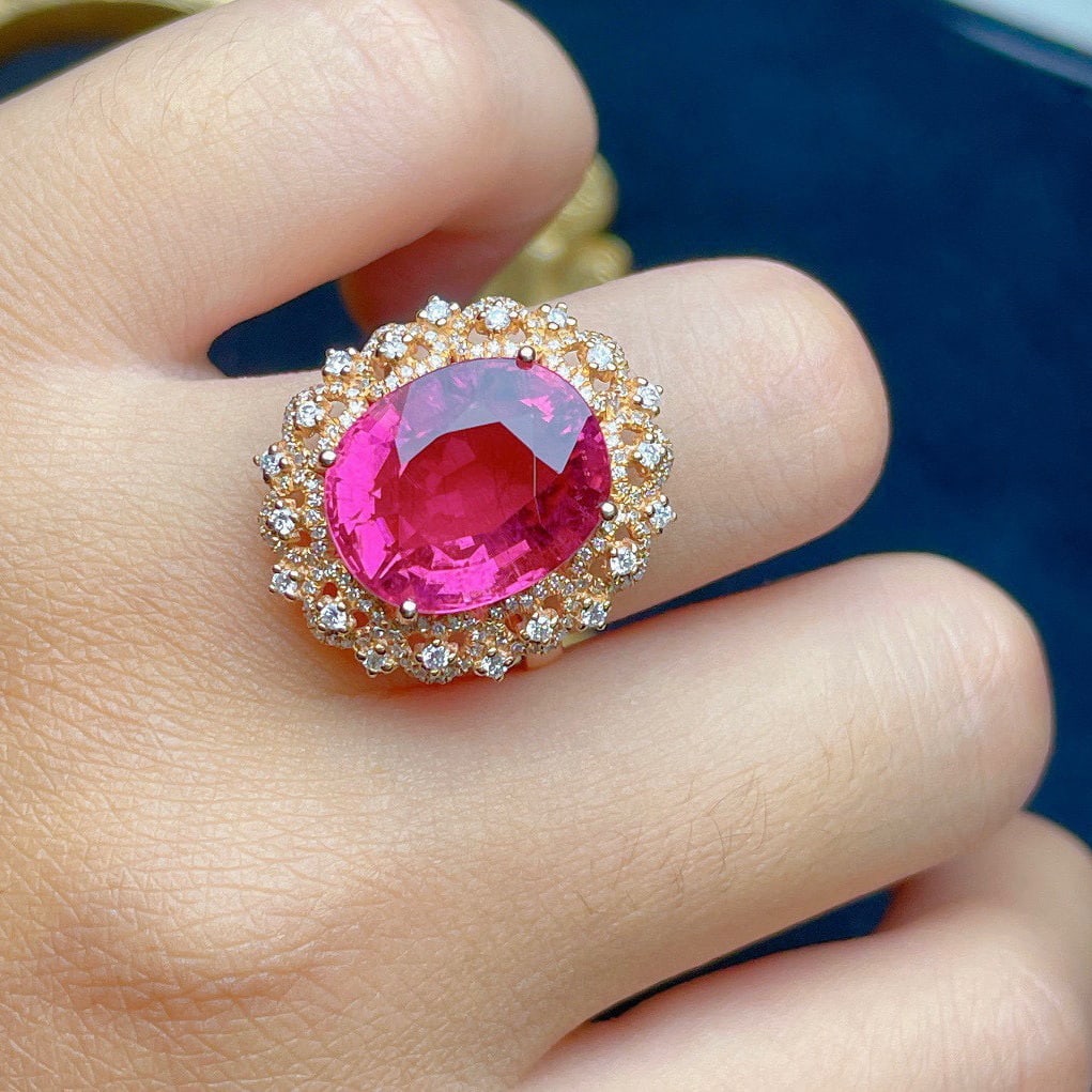 14k Gold 11.05 Ct Natural Tourmaline & Diamond Ring - 4