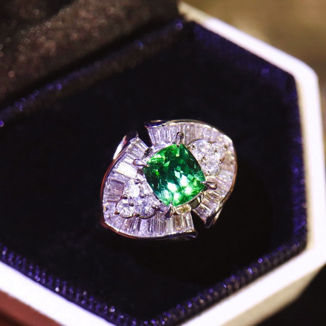 14k Gold 1.74 Ctw Natural Tourmaline & Diamond Ring: Ref:230994288 // gold content:14k gold // ring size:7. 25us // // main gemstone:tourmaline // shape:cushion // carat weight:1. 08ct // color:green // treatment:natural // // adjacent gemstone 2 : diam
