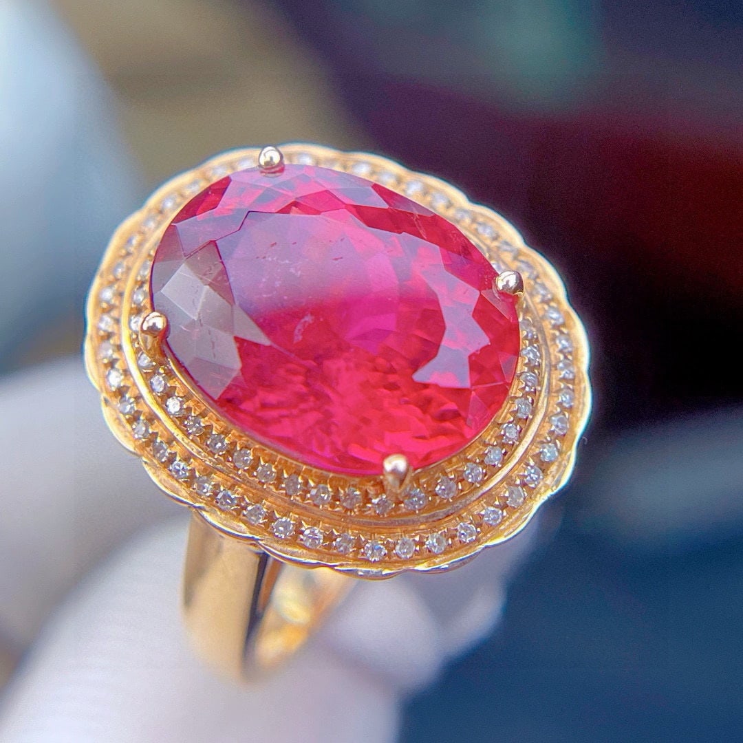 14k Gold 7.89 Ct Natural Tourmaline & Diamond Ring: Ref:230994289 // gold content:14k gold // ring size:7. 25us // // main gemstone:tourmaline // shape:oval // carat weight:7. 89ct // color:red // treatment:natural // // adjacent gemstone 2 : diamond /