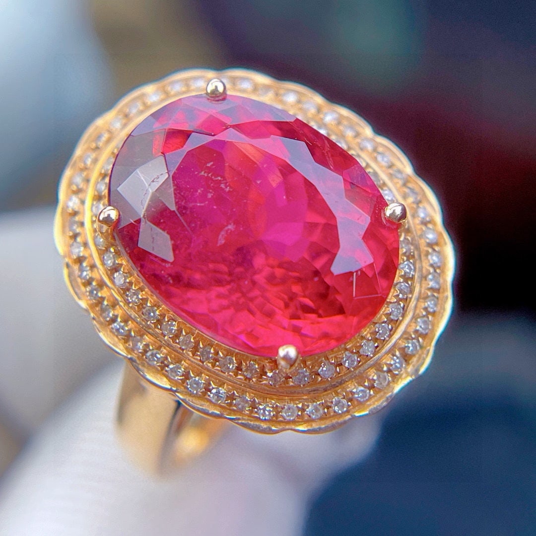 14k Gold 7.89 Ct Natural Tourmaline & Diamond Ring - 2