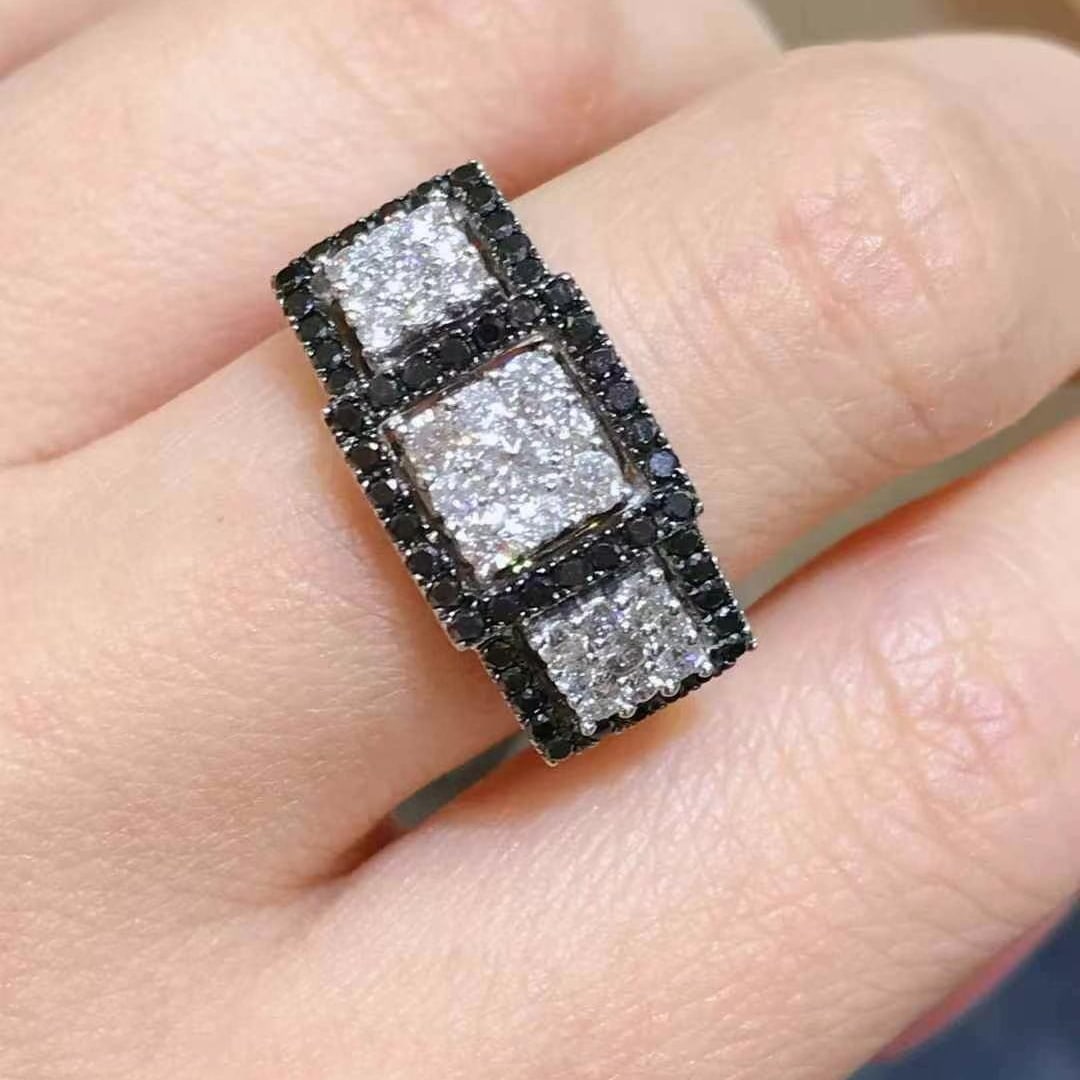 14k Gold 1.04 Ctw Natural Black Diamond & Diamond Ring: Ref:230994291 // gold content:14k gold // ring size:7. 25us // // main gemstone:black diamond // shape:round // carat weight:0. 44ct // color:black // treatment:natural // cut grade:g // // adjacent g