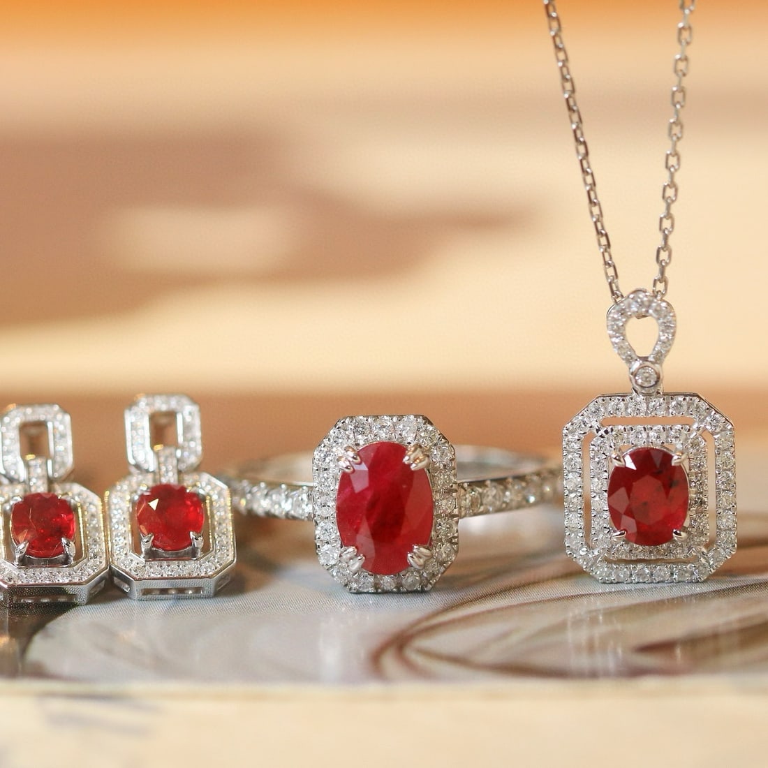 14k Gold 3.14 Ctw Natural Ruby & Diamond Jewelry Set: Ref:230994301 // gold content:14k gold // ring size:7. 25us // // pendant(without chain) // main gemstone:ruby // shape:oval // carat weight:0. 57ct // color:pigeonblood red // treatment:natural // //