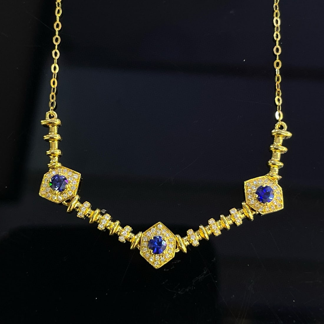 14k Gold 0.40 Ct Natural Sapphire & Diamond Necklace - 2
