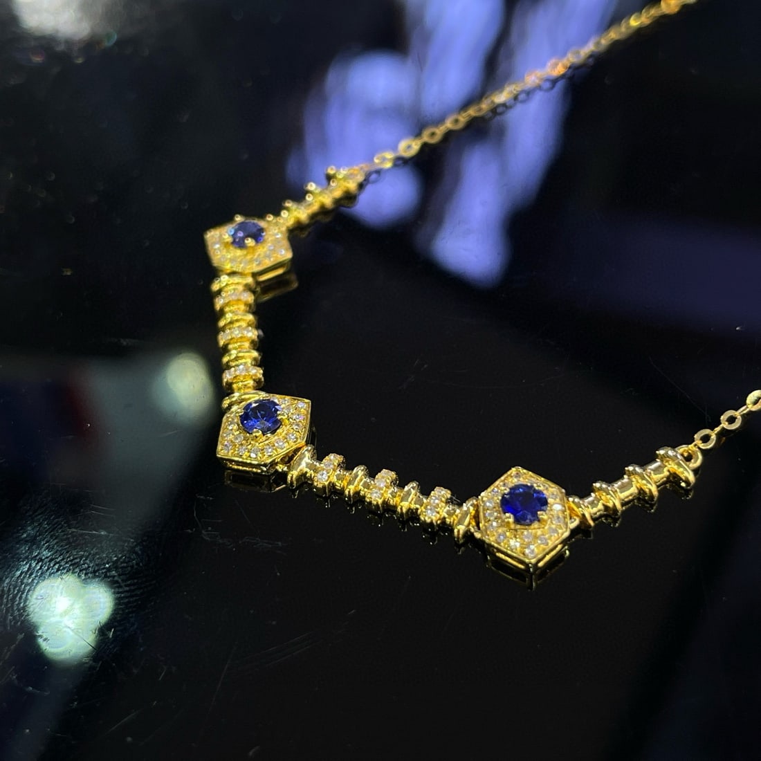 14k Gold 0.40 Ct Natural Sapphire & Diamond Necklace - 3