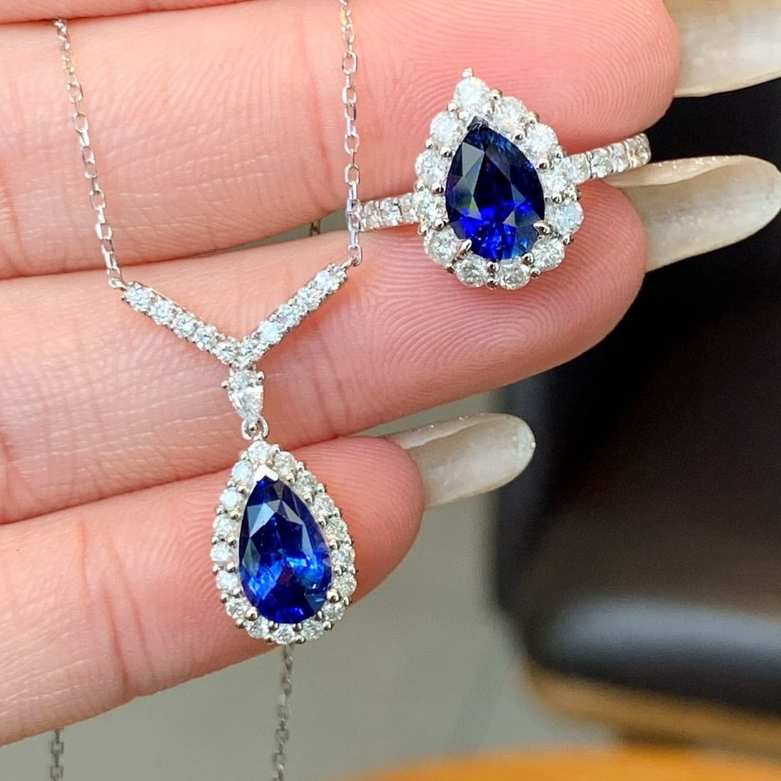 14k Gold 4.06 Ctw Natural Sapphire & Diamond Jewelry Set - 2