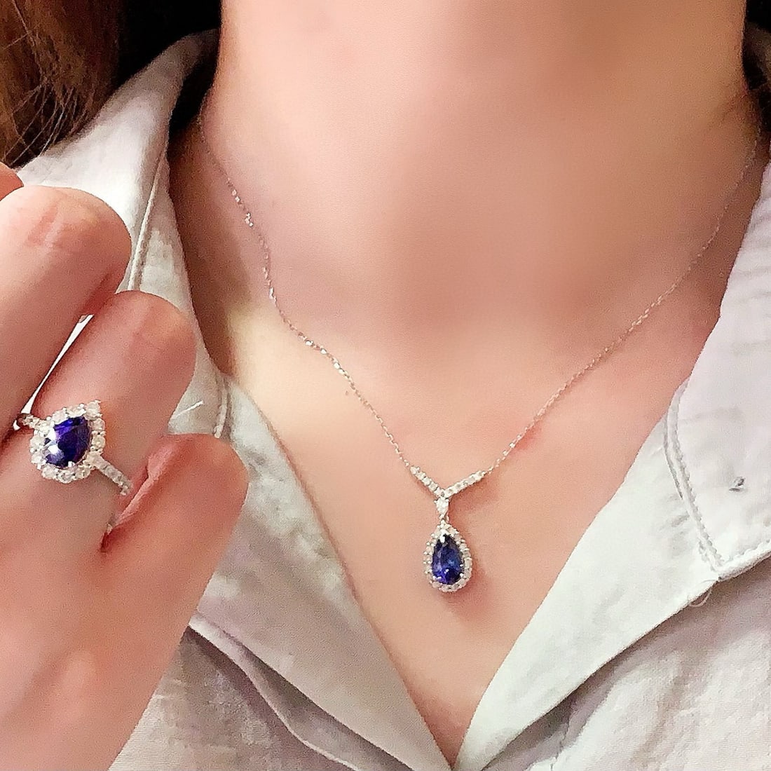 14k Gold 4.06 Ctw Natural Sapphire & Diamond Jewelry Set - 4