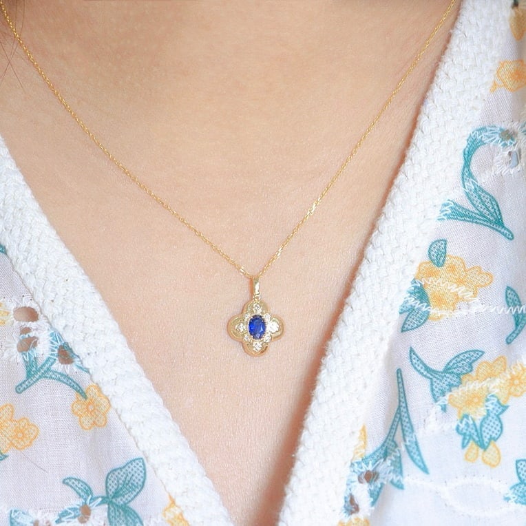 14k Gold 0.6 Ct Natural Sapphire & Diamond Necklace - 4