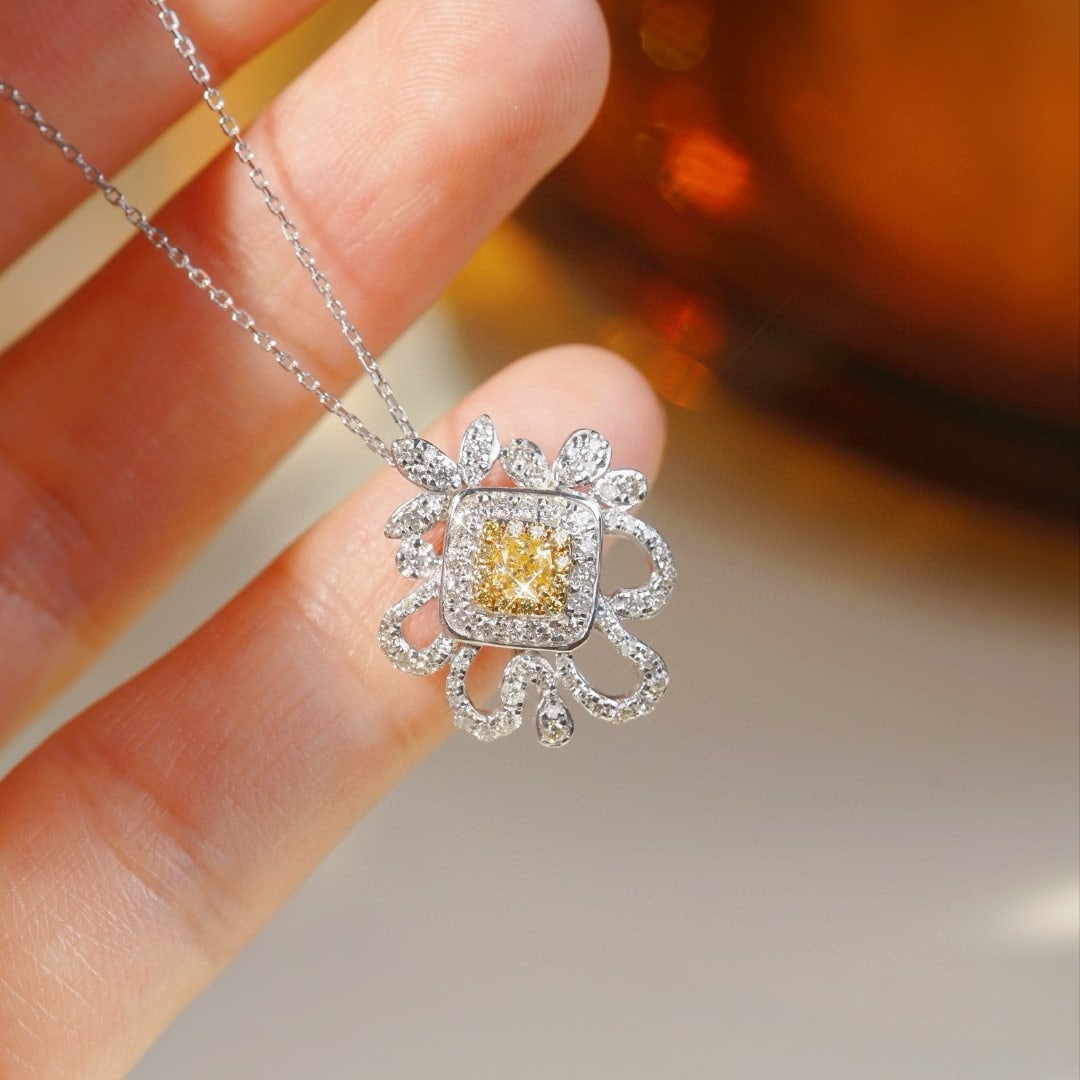 14k Gold 0.70 Ctw Natural Yellow Diamond & Diamond Necklace: Ref:230994327 // gold content:14k gold // main gemstone:yellow diamond // shape:cushion // carat weight:0. 17ct // color:yellow // treatment:natural // // adjacent gemstone 2 : diamond // shape:round