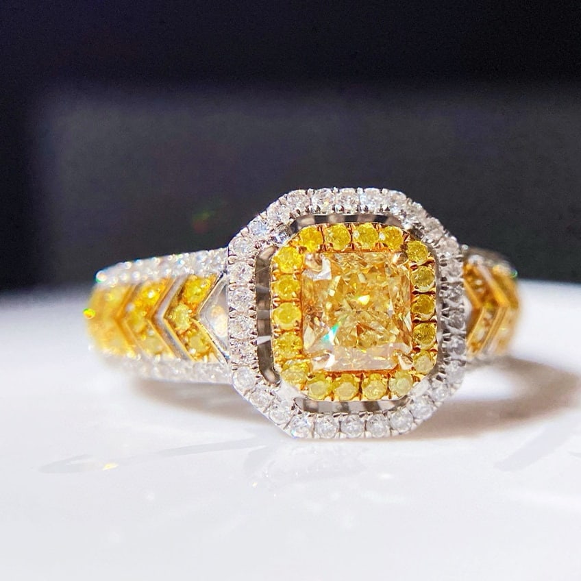 14k Gold 1.17 Ctw Natural Yellow Diamond & Diamond Ring: Ref:230994329 // gold content:14k gold // ring size:7. 25us // // main gemstone:yellow diamond // shape:cushion // carat weight:0. 61ct // color:yellow // treatment:natural // // adjacent gemstone 2 :