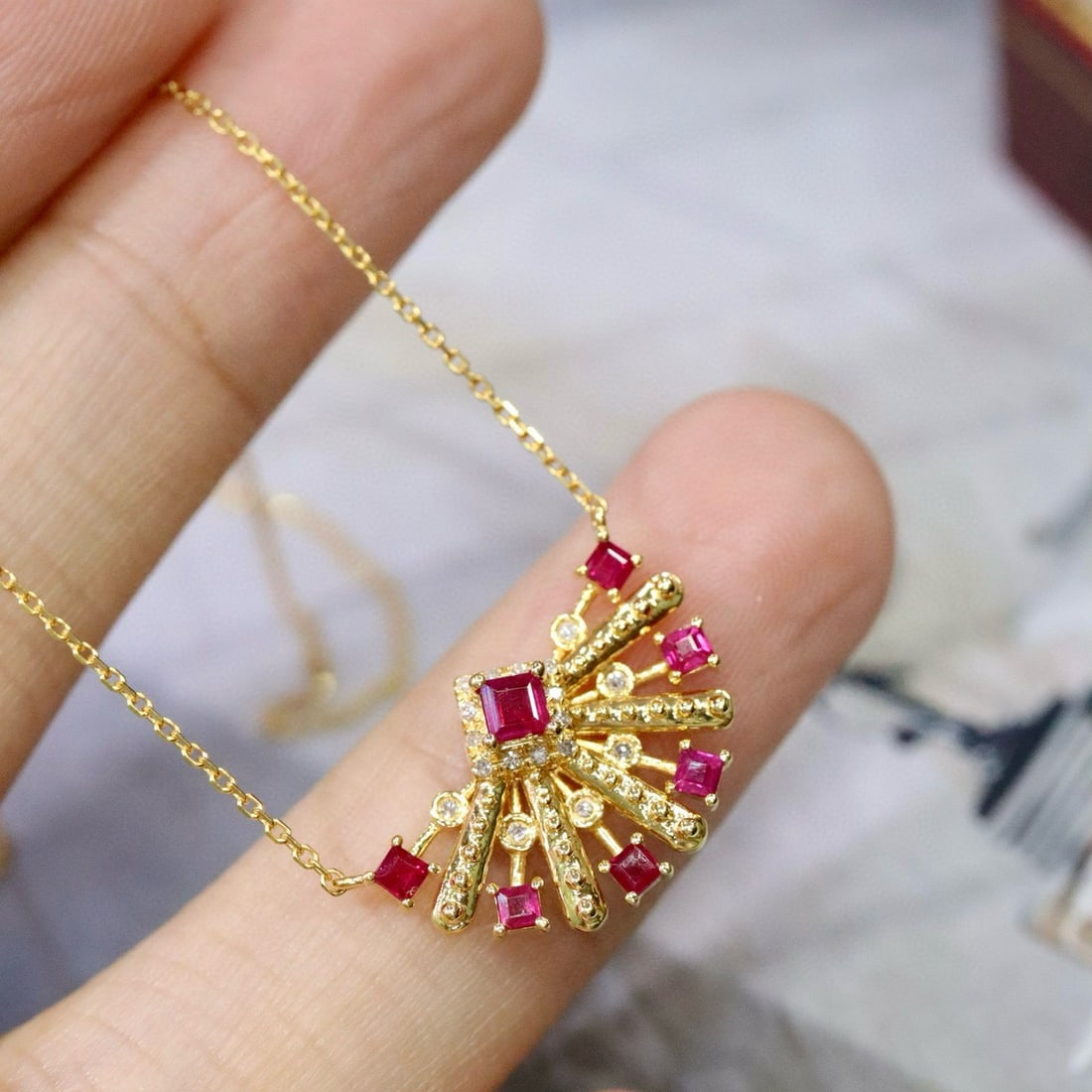 14k Gold 0.51 Ctw Natural Ruby & Diamond Necklace - 2