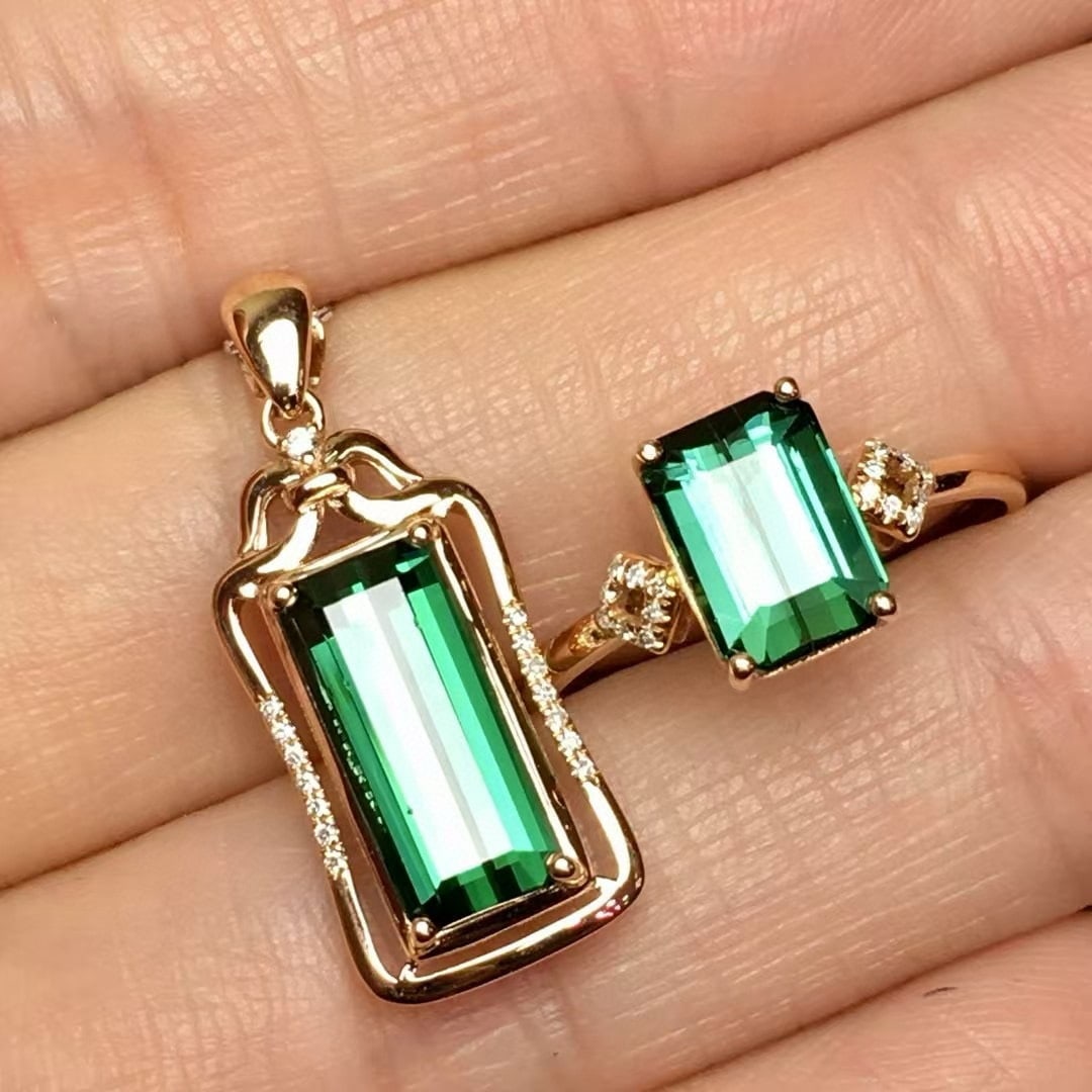 14k Gold 4.6 Ct Natural Tourmaline & Diamond Jewelry Set: Ref:230994341 // gold content:14k gold // ring size:7. 25us // // pendant(without chain) // main gemstone:tourmaline // shape:octagonal // carat weight:2. 6ct // color:green // treatment:natural // //