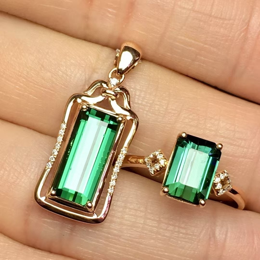 14k Gold 4.6 Ct Natural Tourmaline & Diamond Jewelry Set - 2