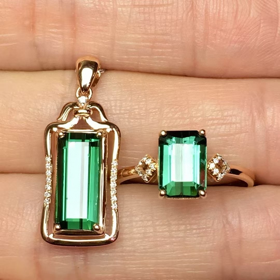 14k Gold 4.6 Ct Natural Tourmaline & Diamond Jewelry Set - 3