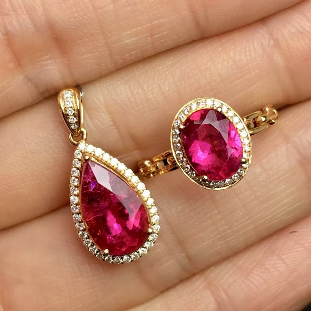 14k Gold 4.0 Ct Natural Tourmaline & Diamond Jewelry Set: Ref:230994342 // gold content:14k gold // ring size:7. 25us // // pendant(without chain) // main gemstone:tourmaline // shape:pear // carat weight:2. 5ct // color:red // treatment:natural // // adjace