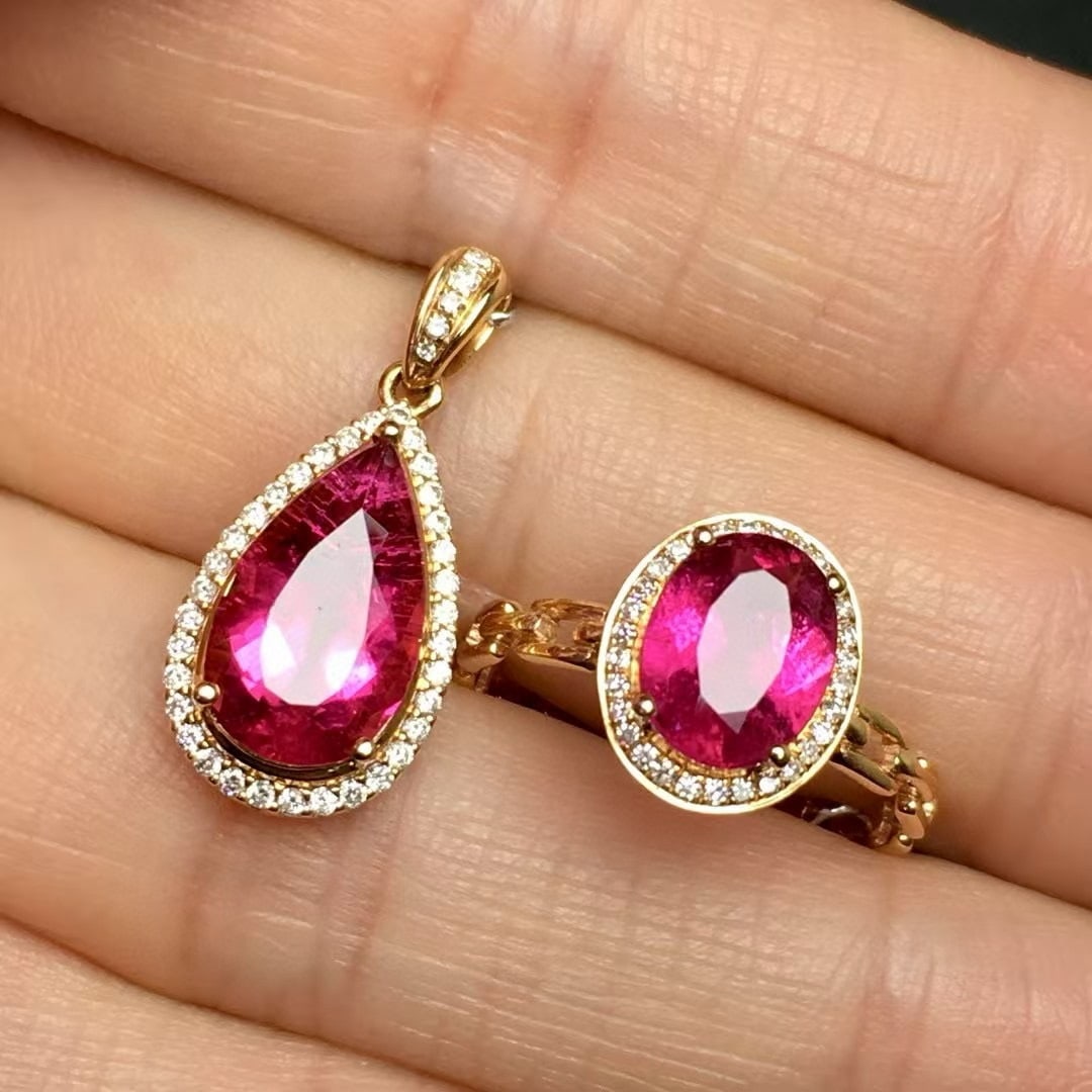 14k Gold 4.0 Ct Natural Tourmaline & Diamond Jewelry Set - 2