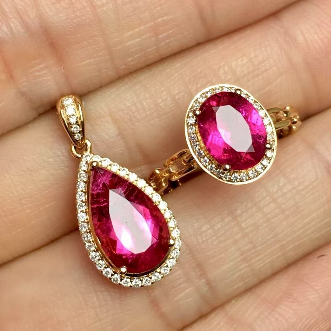 14k Gold 4.0 Ct Natural Tourmaline & Diamond Jewelry Set - 3