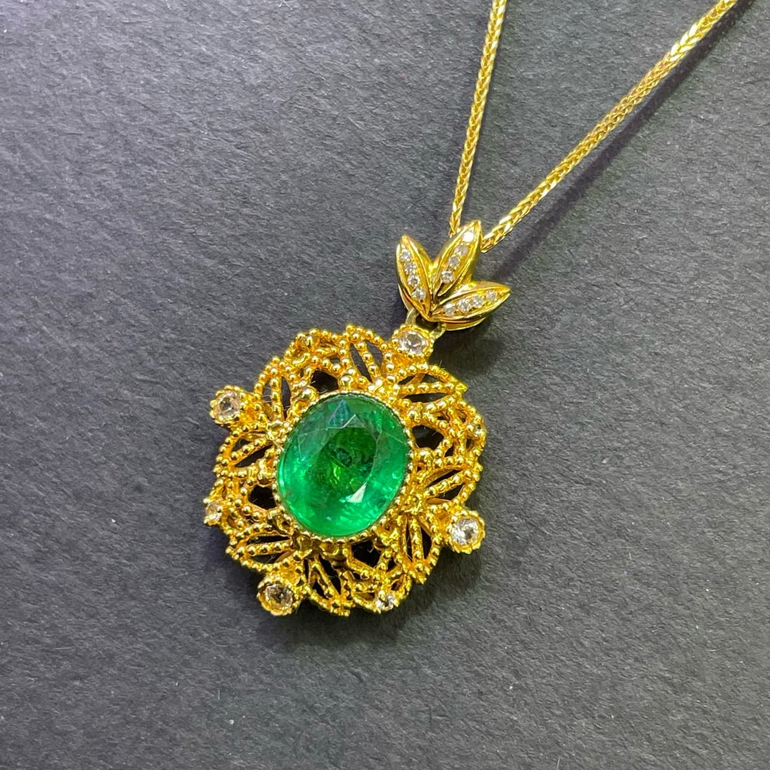 14k Gold 1.88 Ct Natural Emerald & Diamond & Sapphire Pendant( Without Chain ) - 2