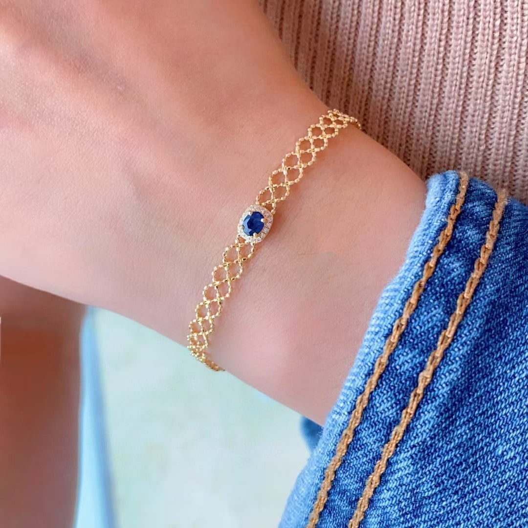 14k Gold 0.3 Ct Natural Sapphire & Diamond Bracelet - 2