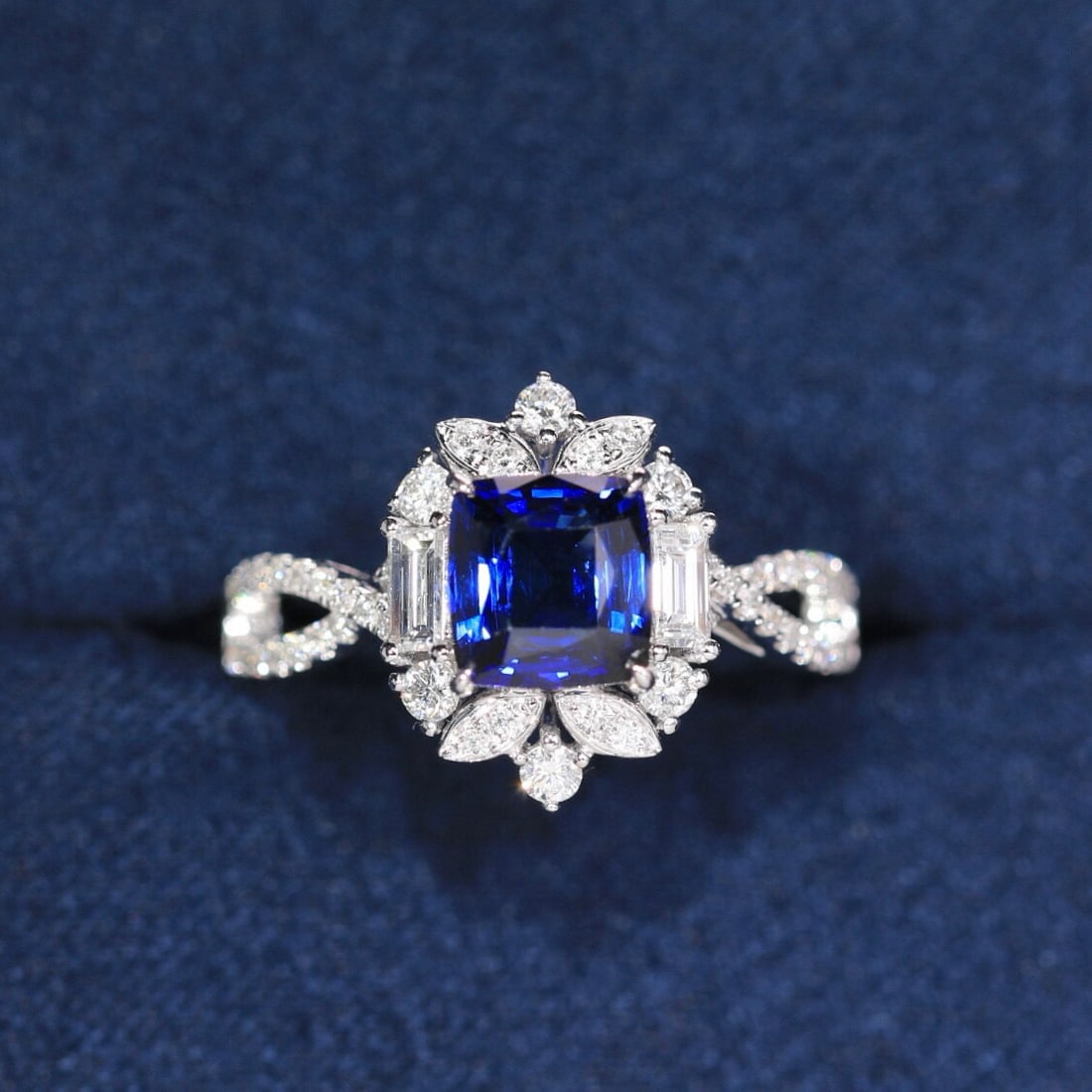14k Gold 2.13 Ctw Natural Sapphire & Diamond Ring: Ref:230994374 // gold content:14k gold // ring size:7. 25us // // main gemstone:sapphire // shape:cushion // carat weight:1. 58ct // color:blue // treatment:natural // // adjacent gemstone 2 : diamond