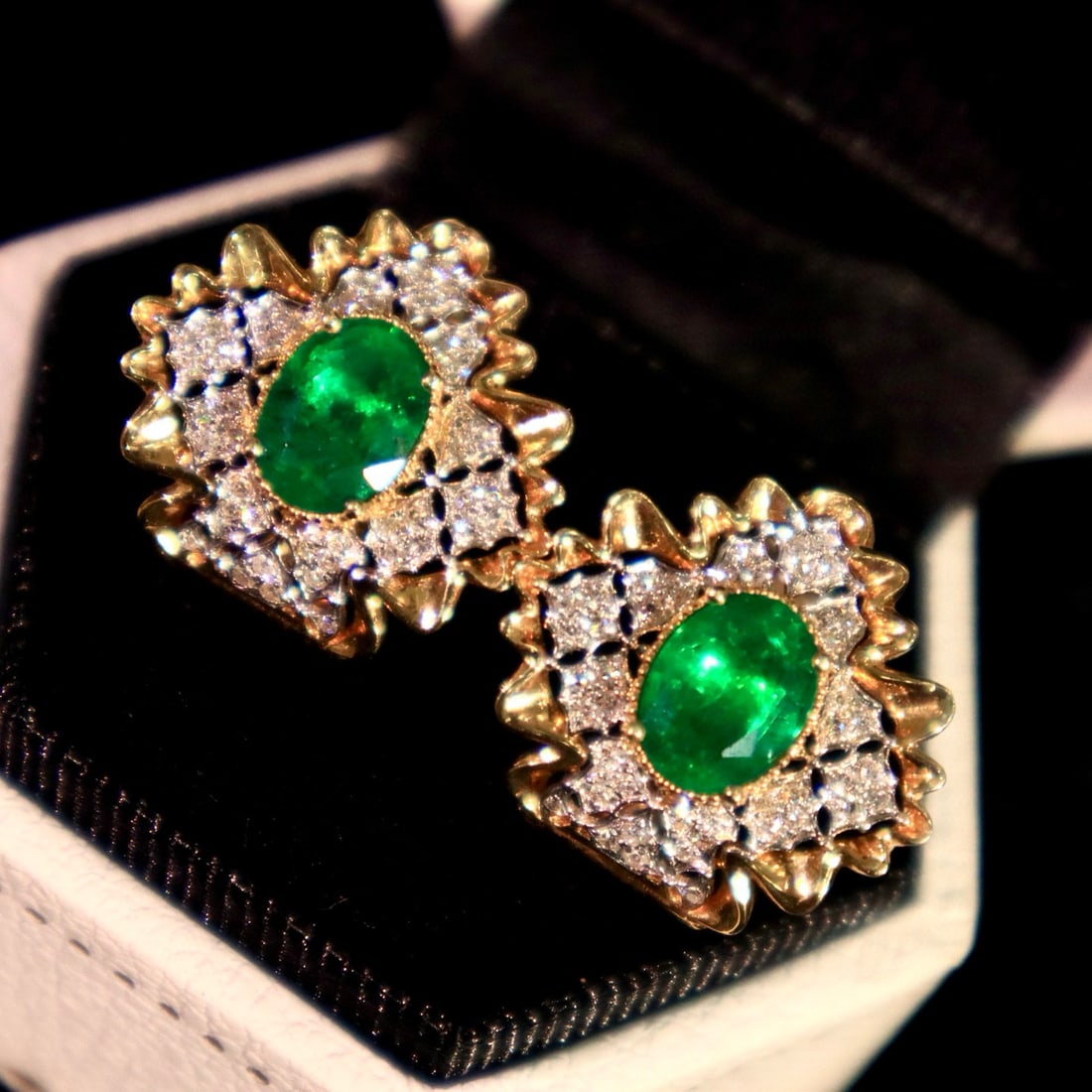 14k Gold 2.40 Ctw Vivid Green Natural Emerald & Diamond Earrings - 6
