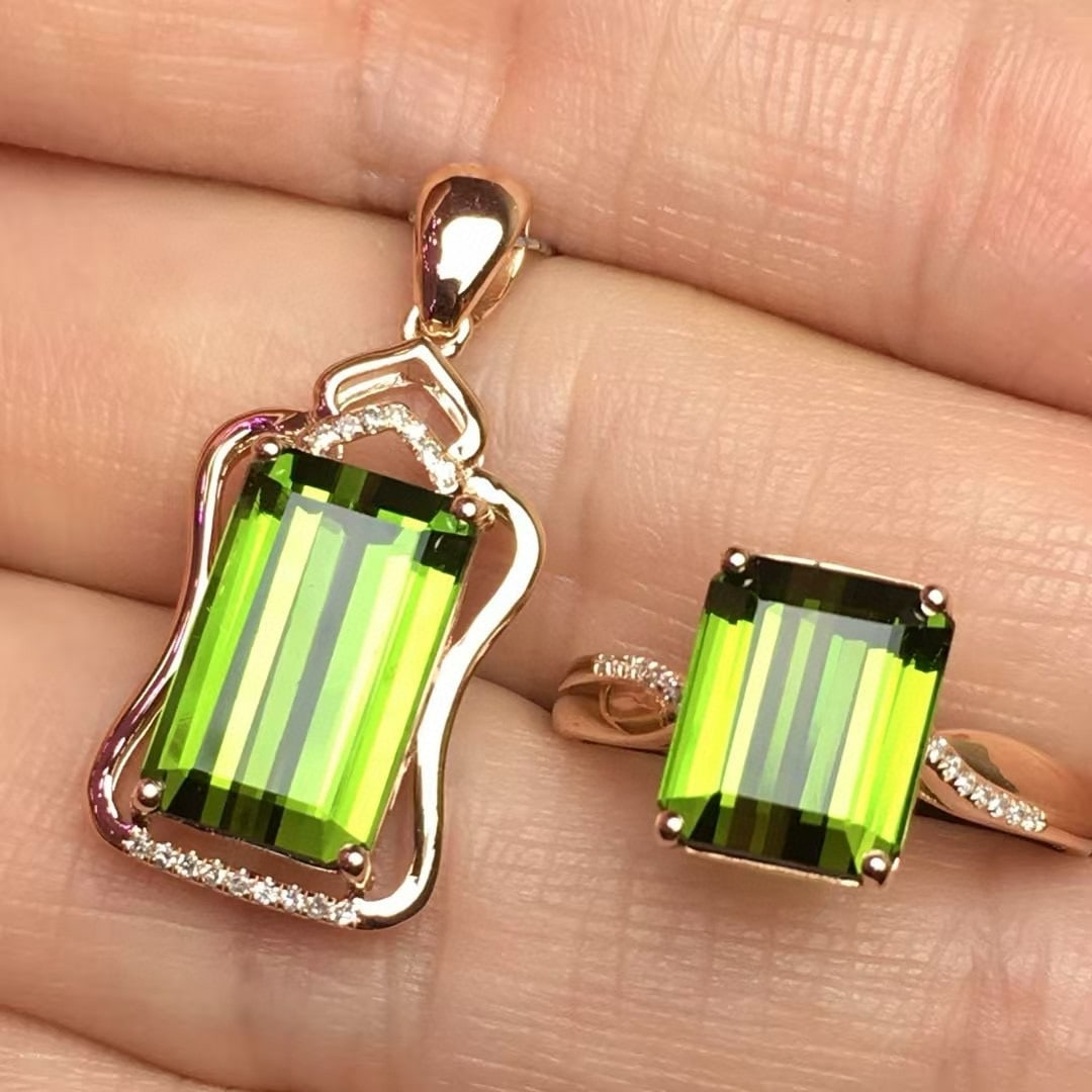 14k Gold 8.5 Ct Natural Tourmaline & Diamond Jewelry Set: Ref:230994402 // gold content:14k gold // ring size:7. 25us // // pendant(without chain) // main gemstone:tourmaline // shape:octagonal // carat weight:5ct // color:green // treatment:natural // // ad