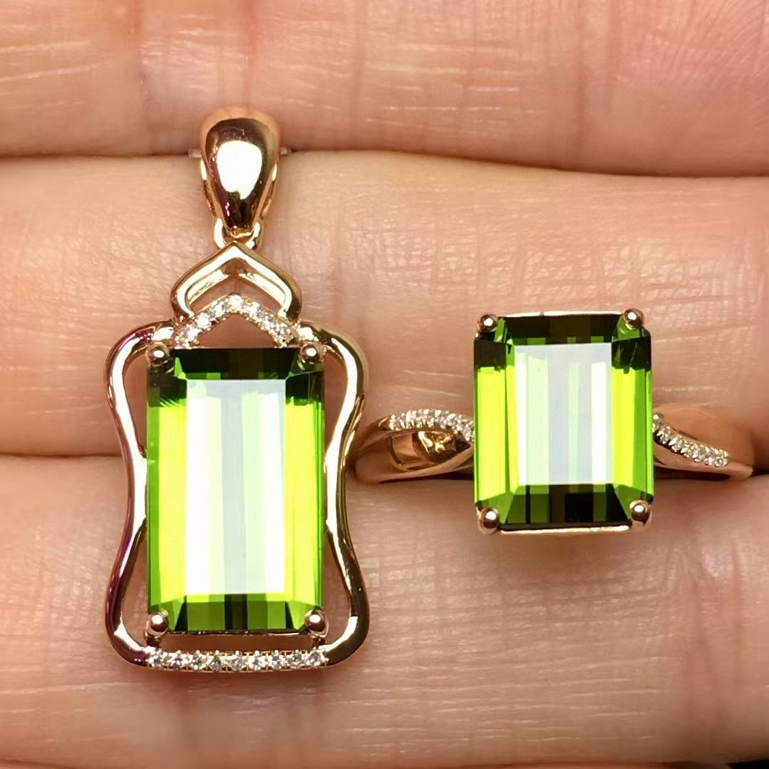 14k Gold 8.5 Ct Natural Tourmaline & Diamond Jewelry Set - 2