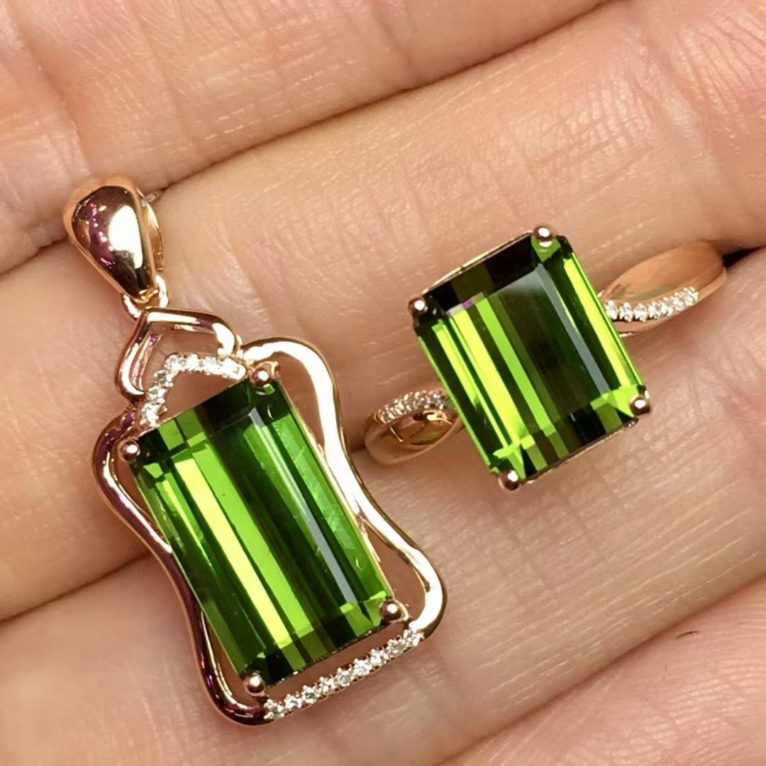 14k Gold 8.5 Ct Natural Tourmaline & Diamond Jewelry Set - 3