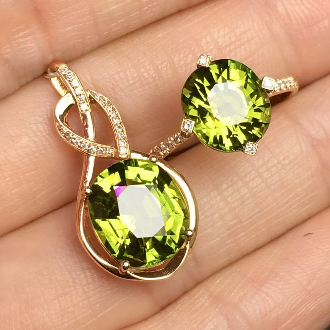 14k Gold 7.1 Ct Natural Tourmaline & Diamond Jewelry Set: Ref:230994403 // gold content:14k gold // ring size:7. 25us // // pendant(without chain) // main gemstone:tourmaline // shape:oval // carat weight:4ct // color:green // treatment:natural // // adjacen