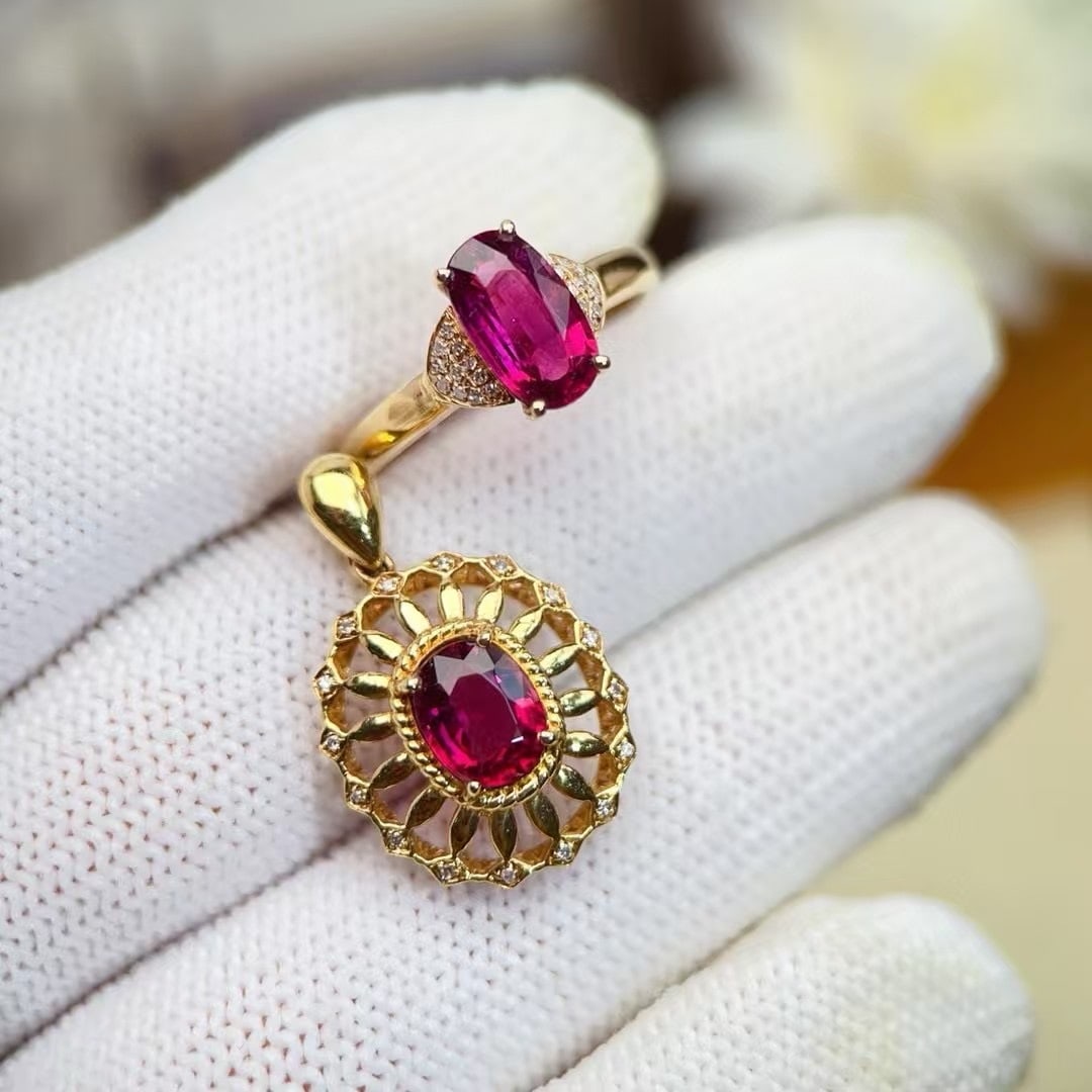 14k Gold 2.41 Ctw Natural Tourmaline & Diamond Jewelry Set: Ref:230994406 // gold content:14k gold // ring size:7. 25us // // pendant(without chain) // main gemstone:tourmaline // shape:oval // carat weight:1. 05ct // color:red // treatment:natural // // adjac
